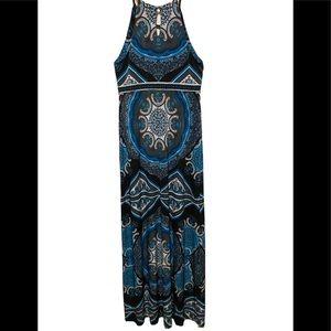 INC Teal Black Mosaic Halter MAXI Dress Size M